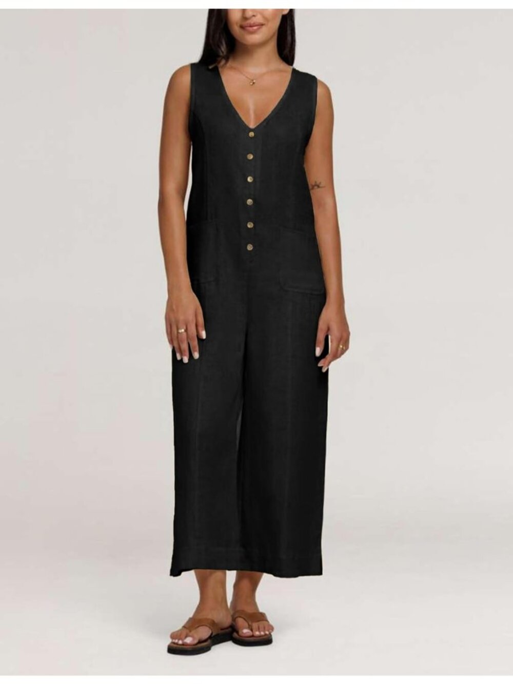 Women's Black Cotton Linen Sleeveless Casual Wide Leg Button Down Romper - Picture 6 of 6